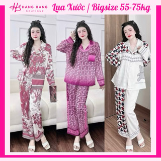 Đồ ngủ nữ bigsize 55-75kg, pijama dài tay dài lụa xước mềm mát 75DD12, đồ bộ nữ đồ mặc nhà thiết kế sang chảnh