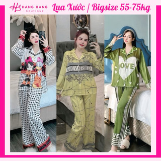 Đồ ngủ nữ bigsize 55-75kg, pijama dài tay dài lụa xước mềm mát 75DD12, đồ bộ nữ đồ mặc nhà thiết kế sang chảnh