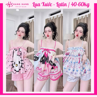 Đồ ngủ nữ 40-60kg, đồ ngủ 2 dây xếp ly nơ đùi lụa latin xước mềm mát 60CS07, đồ bộ nữ đồ mặc nhà dễ thương sang chảnh