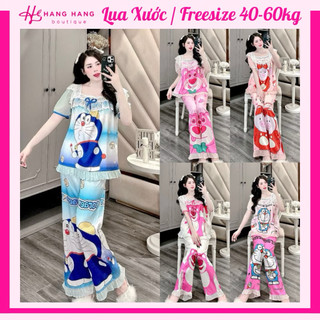 Đồ ngủ nữ 40-60kg, pijama dài cộc tay voan cổ thuyền ren lụa xước mềm mát 60CD14, đồ bộ nữ đồ mặc nhà tiểu thư dễ thương