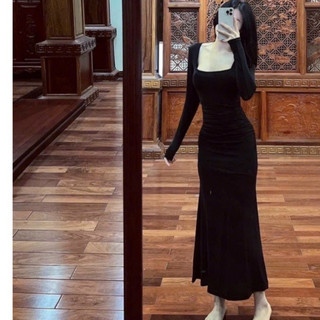 Đầm Cổ U May Zúm Dáng Dài Lịch Sự Basic Ôm Body Chất Zip Mềm Co Dãn