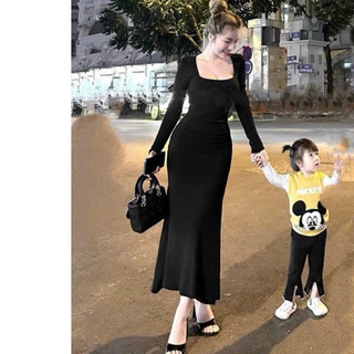 Đầm Cổ U May Zúm Dáng Dài Lịch Sự Basic Ôm Body Chất Zip Mềm Co Dãn