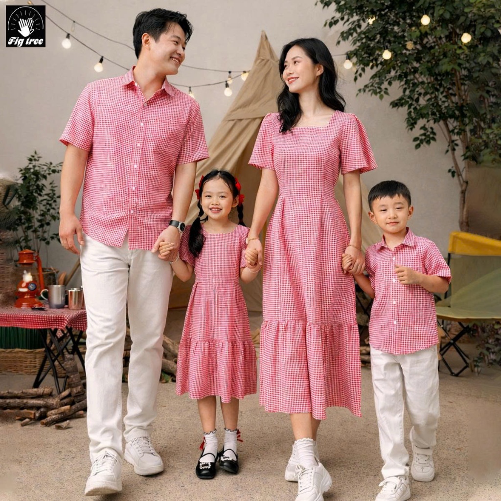 Đồ Gia Đình Fig Tree Caro Đỏ Trắng Nhí, Gia Đình Đi Tiệc, Chụp Hình Siêu Sang, Hàng Thiết Kế Ms 195