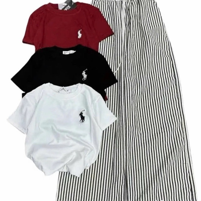 Sét Bộ nữ sang chảnh mặc nhà mặc đi chơi xinh xắn dễ thương-Áo thun babytee logo NGỰA + quần kẻ sọc Chất Thun coton xịn