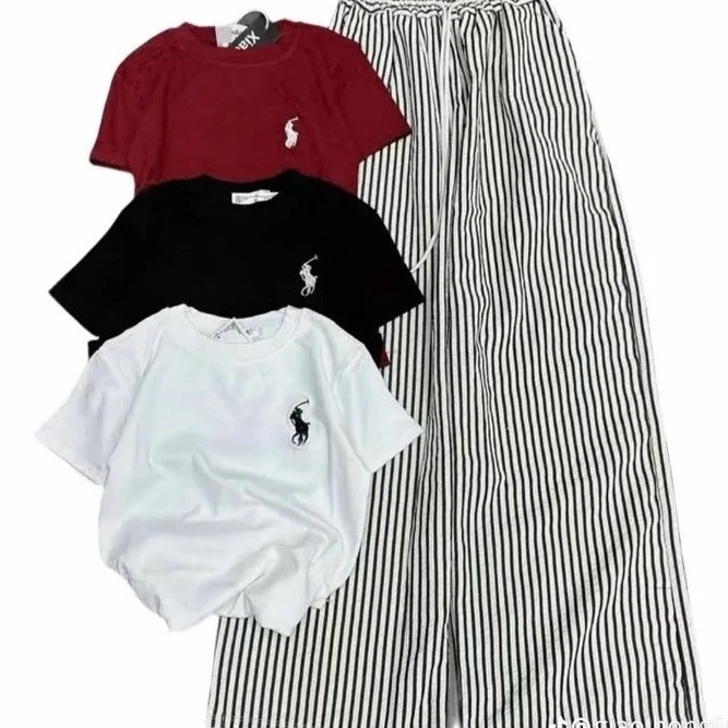 Sét Bộ Nữ Babytee Logo Ngựa Phối Quần Dài Kẻ Sọc Chất Đũi Mặc Đi Học,Chơi,Làm Siêu Xinh