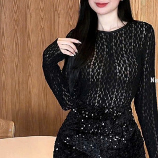 Áo Ren Hoa Nổi Tay Lơi Cổ TRÒN NỮ ÔM BODY