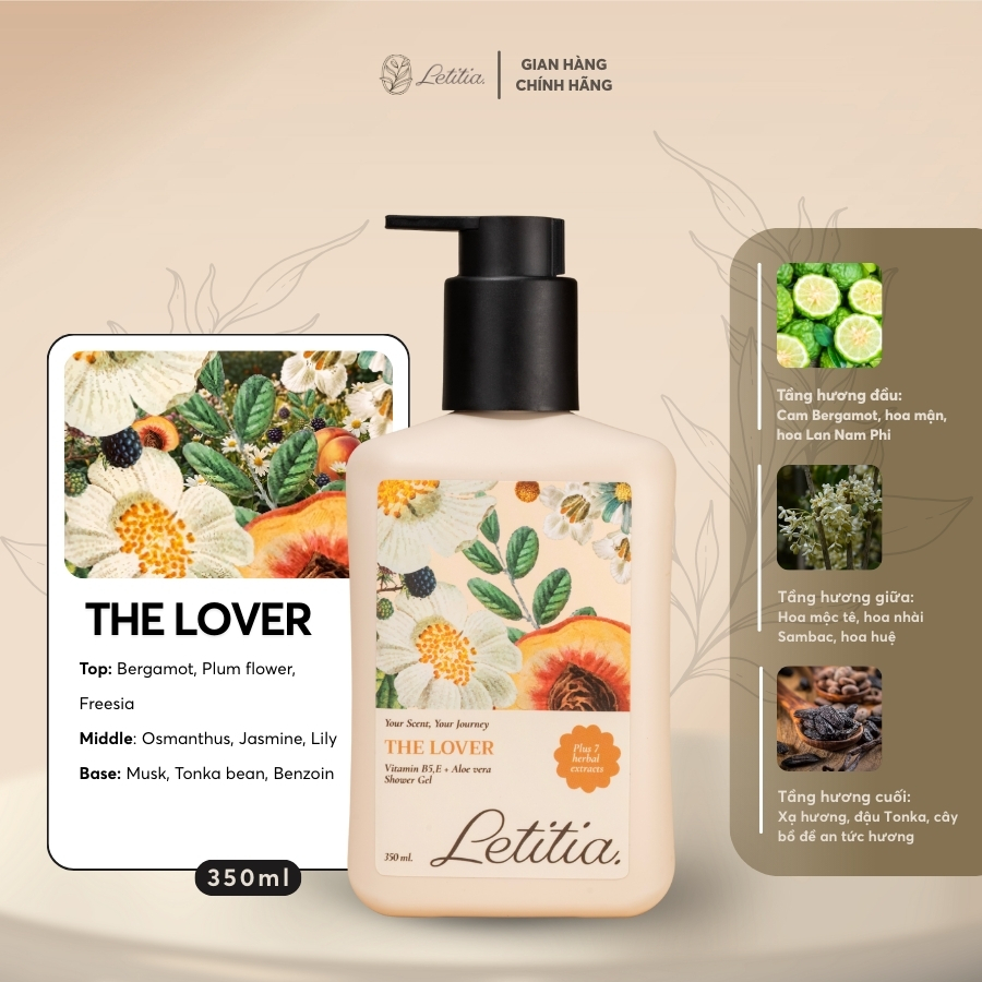 Sữa tắm nước hoa The Lover Letitia lưu hương thơm mát - dưỡng ẩm - làm sạch dịu nhẹ 350ml