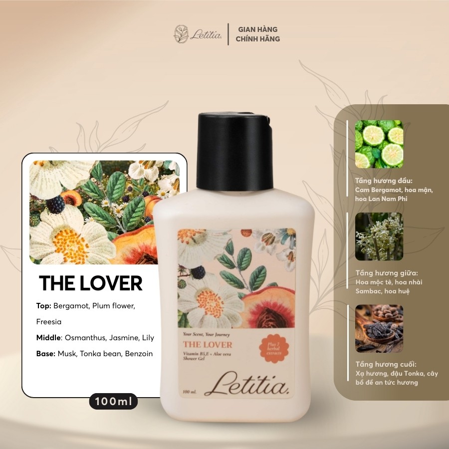 Sữa tắm nước hoa The Lover Letitia lưu hương thơm mát - dưỡng ẩm - làm sạch dịu nhẹ 350ml