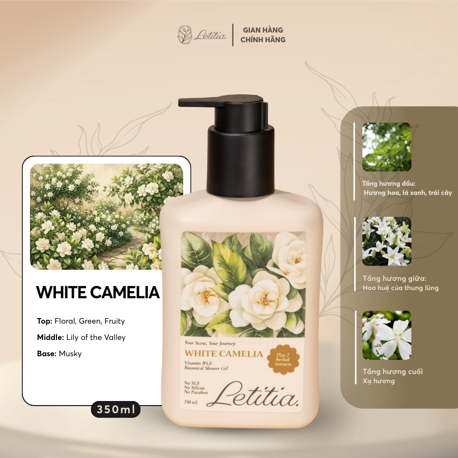 Sữa tắm thiên nhiên dành cho da nhạy cảm White Camelia Letitia giúp da trắng sáng - mềm mịn 350ml