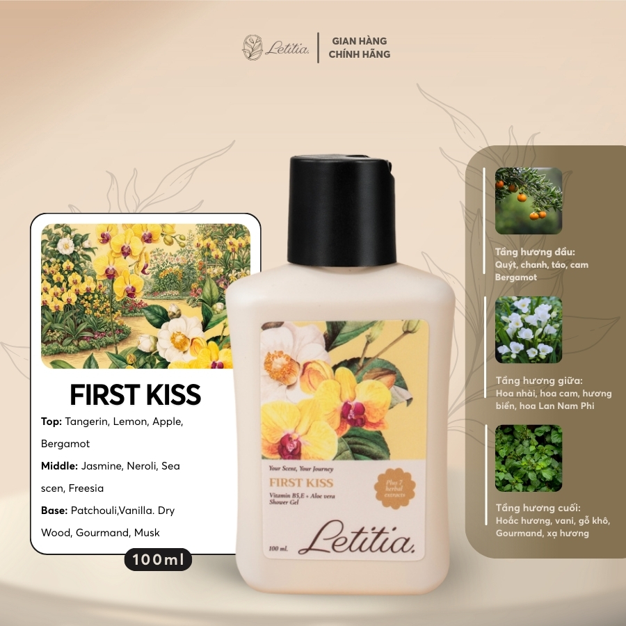 Sữa tắm nước hoa First Kiss Letitia lưu hương lâu - dưỡng ẩm dịu nhẹ - mềm mịn Size 350ml/100ml