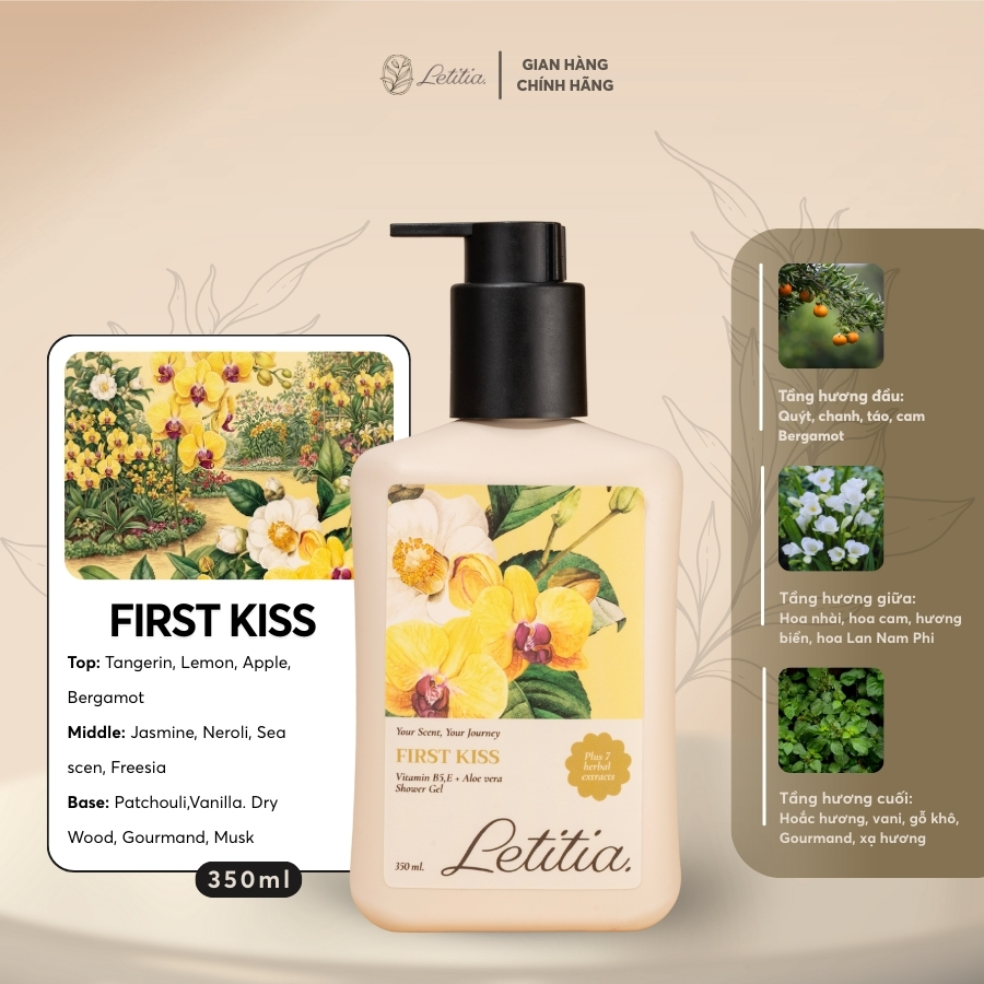 Sữa tắm nước hoa First Kiss Letitia lưu hương lâu - dưỡng ẩm dịu nhẹ - mềm mịn Size 350ml/100ml