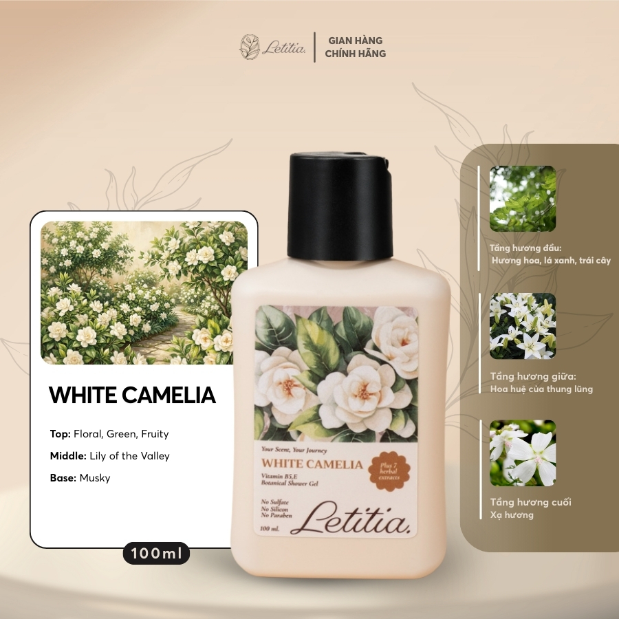 Sữa tắm thiên nhiên dành cho da nhạy cảm White Camelia Letitia giúp da trắng sáng - mềm mịn 350ml