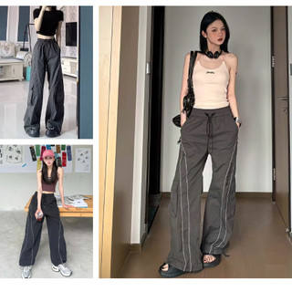 Quần Túi Hộp Nữ Ống Rộng Chất Dù Phối Line Cá Tính Lưng Thun Dây Rút Form Suông Thoải Mái Unisex