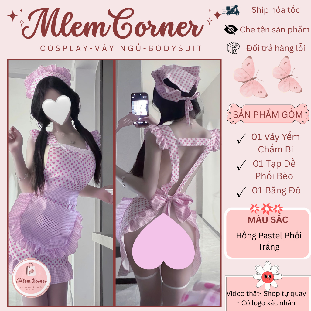 M0134- Set Cosplay Maid Chấm Bi Hồng Pastel, Váy Cosplay Hầu Gái Tạp