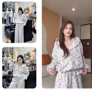 Set Bộ Kitty Bèo Cotton Nữ – Áo Khoác Có Mũ + Quần Dài Bèo Gấu, Dễ Thương Dưới 60kg