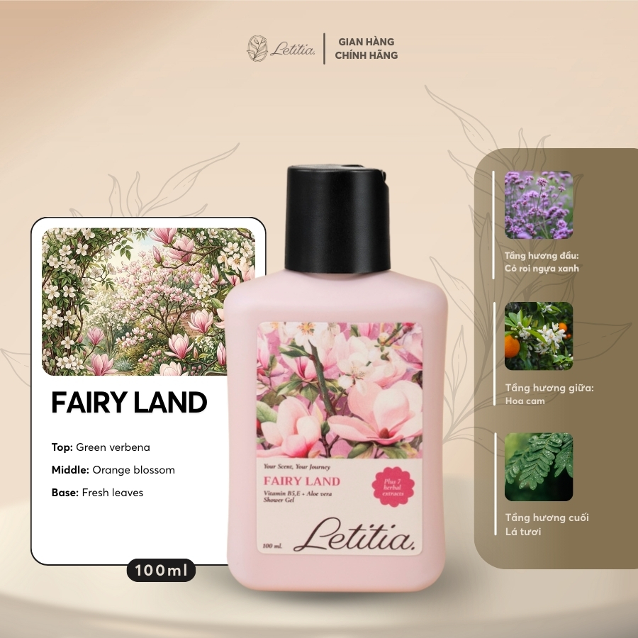 Sữa tắm nước hoa Fairy Land Letitia lưu hương thơm mát - dưỡng ẩm - làm sạch dịu nhẹ Size 350ml