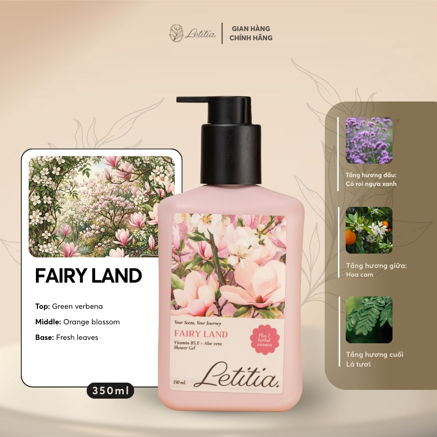 Sữa tắm nước hoa Fairy Land Letitia lưu hương thơm mát - dưỡng ẩm - làm sạch dịu nhẹ Size 350ml