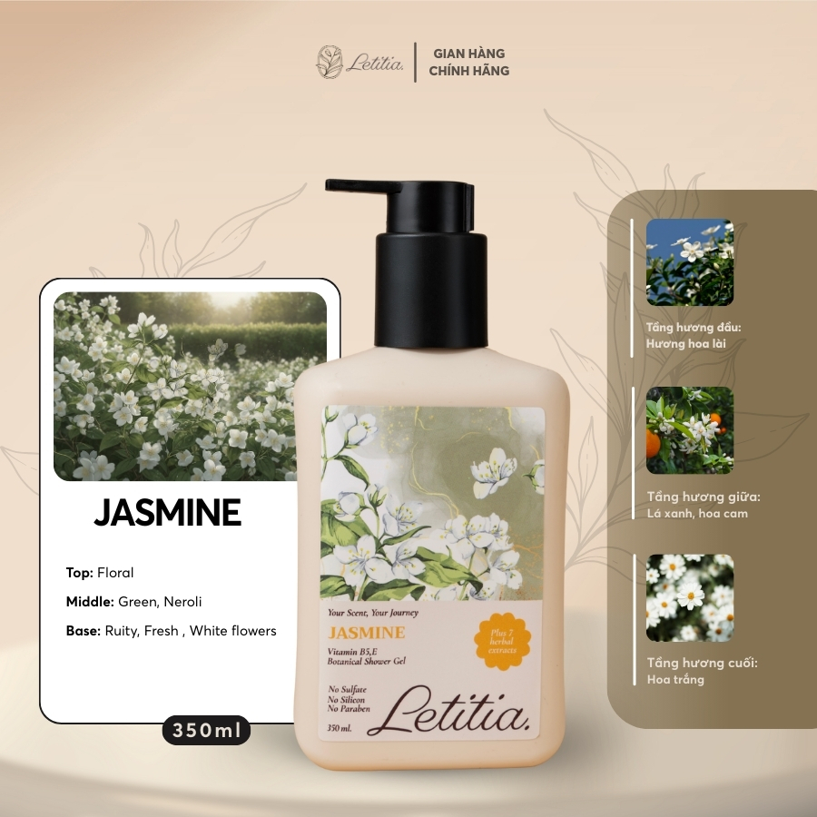 Sữa Tắm Nước Hoa Jasmine Letitia lưu hương thơm mát - dưỡng ẩm - làm sạch dịu nhẹ 350ml