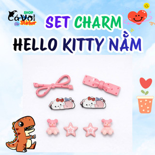 Charm Hello Kitty nằm- Tone màu hồng siu đáng yêu- Set charm gắn dép 8 món - Charm nơ hồng- gấu hồng- sao hồng