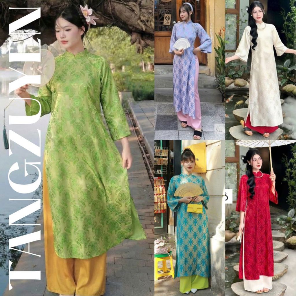 Set Áo dài cách tân dáng suông gấm thọ tay lỡ cổ cao basic nhiều màu+Quần ống rộng lụa mỹ mặc Lễ Tết truyền thống T1455G