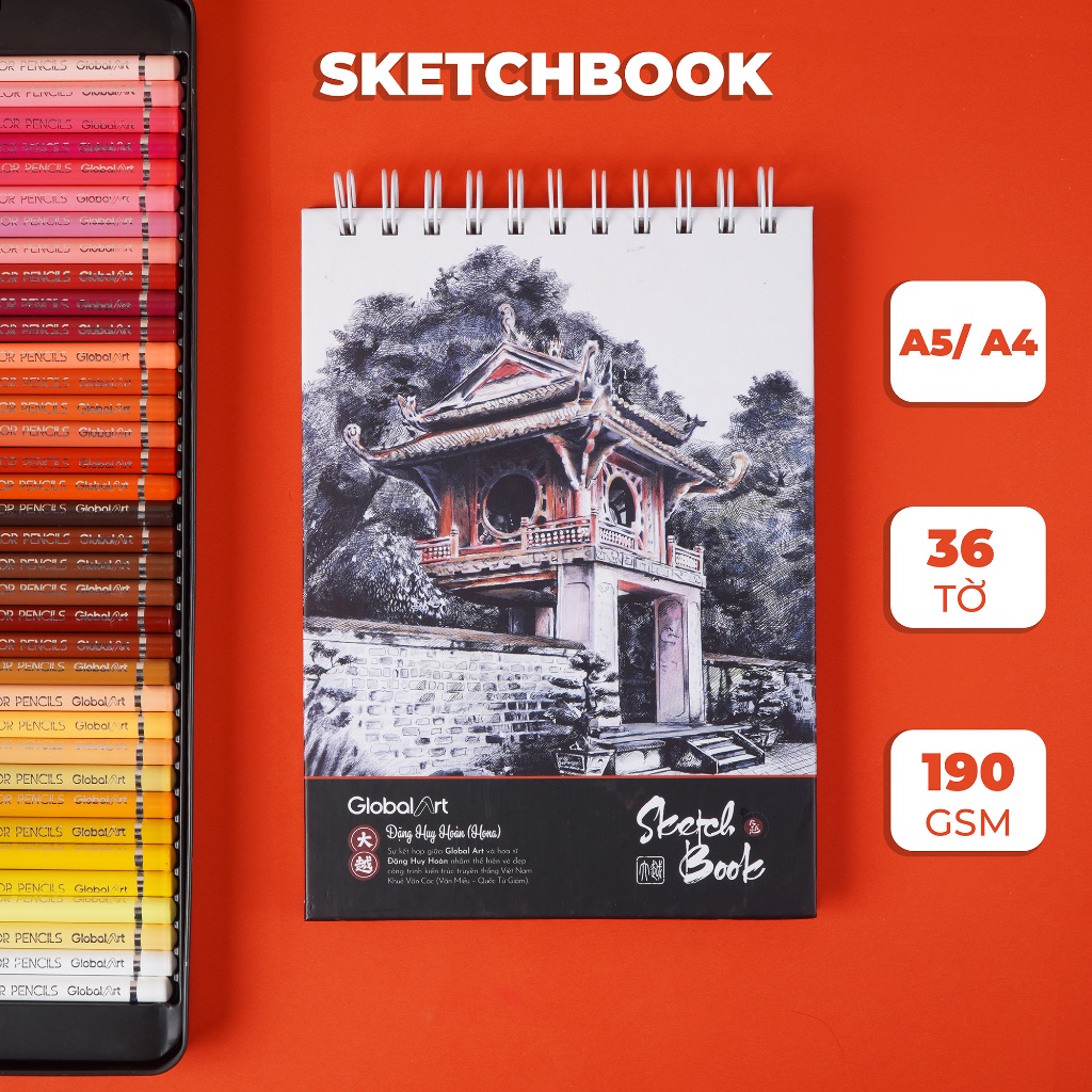 Sổ Vẽ Đa Chất Liệu Global Art 72 Trang Sketchbook Văn Miếu Vân Mịn 190GSM, Sổ Vẽ Phác Thảo A4 A5 Dùng Màu Chì, Acrylic