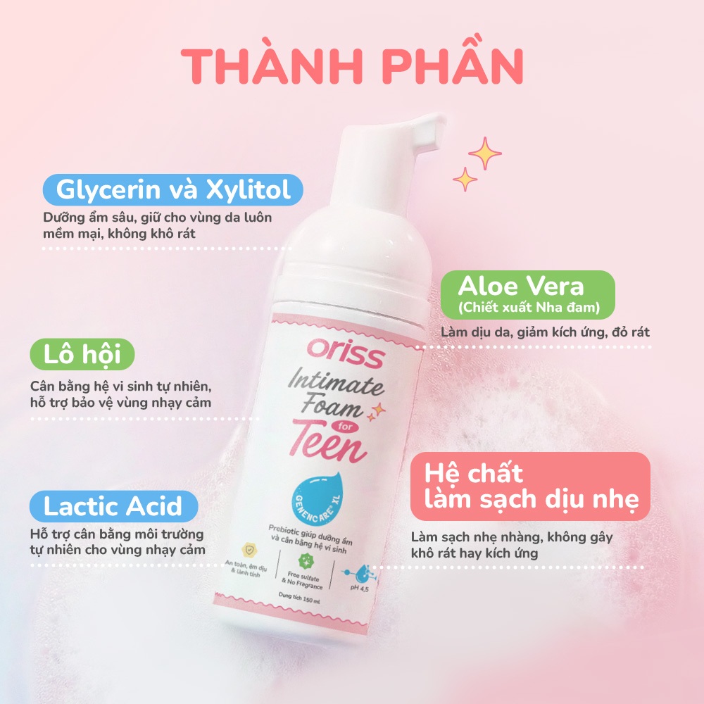 Dung dịch vệ sinh dạng bọt Oris Teen thuần chay cho tuổi dậy thì cân bằng hệ vi sinh 150ml
