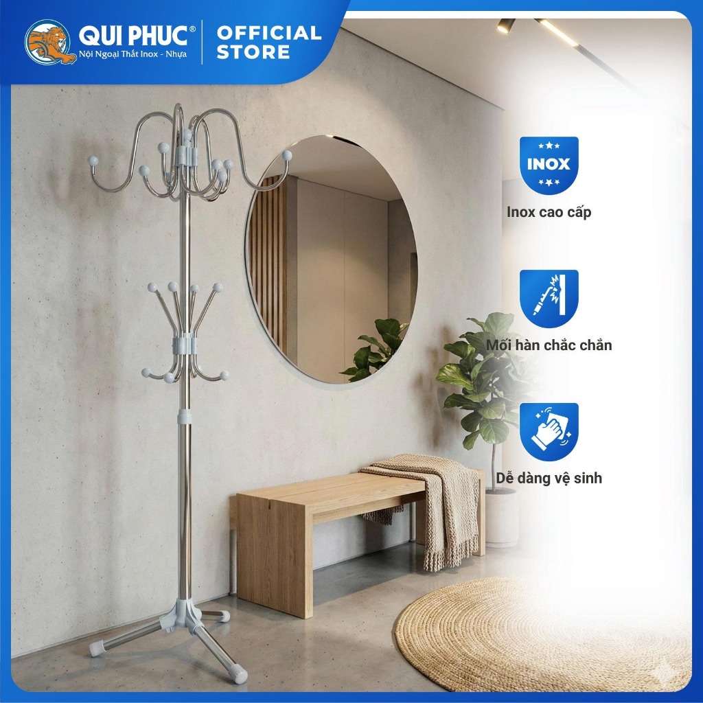Cây treo quần áo QUI PHÚC, inox 201 cao cấp, chắc chắn, 2 tầng tiện dụng, thiết kế lắp ráp, hiện đại