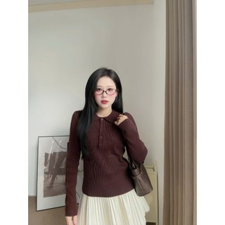 Áo len dài tay phối cổ polo cài khuy cho nữ dáng trơn len dệt kim cao cấp AL76 500G