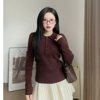 Áo len dài tay phối cổ polo cài khuy cho nữ dáng trơn len dệt kim cao cấp AL76 500G