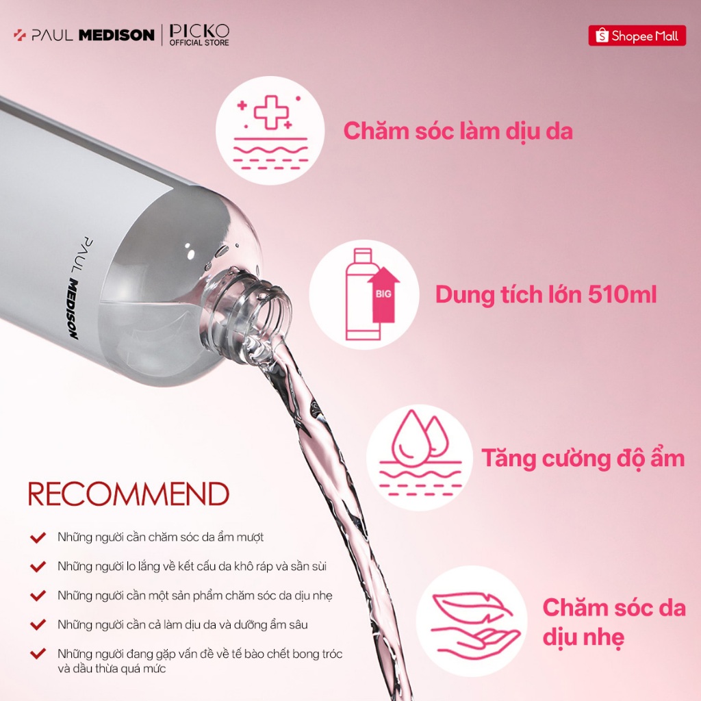 Nước hoa hồng Paul Medison Toner 510ml - từ thương hiệu da liễu hàng đầu Hàn Quốc cấp ẩm làm dịu da
