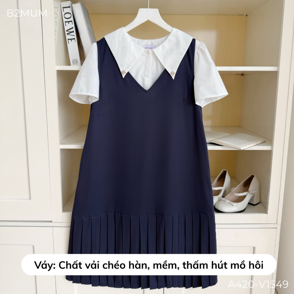Set Đồ Bầu Công Sở Trẻ Trung - Áo Sơ Mi Cổ Nhọn Ivory Shirt A420 & Yếm Suông Xếp Ly Elinn Dress V1549 - By B2MUM