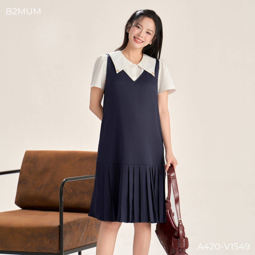 Set Đồ Bầu Công Sở Trẻ Trung - Áo Sơ Mi Cổ Nhọn Ivory Shirt A420 & Yếm Suông Xếp Ly Elinn Dress V1549 - By B2MUM