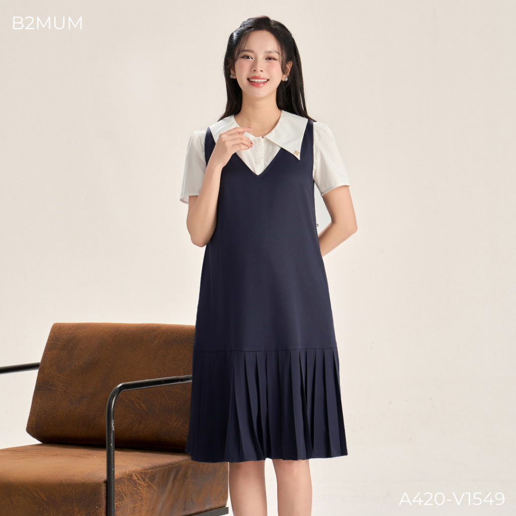 Set Đồ Bầu Công Sở Trẻ Trung - Áo Sơ Mi Cổ Nhọn Ivory Shirt A420 & Yếm Suông Xếp Ly Elinn Dress V1549 - By B2MUM