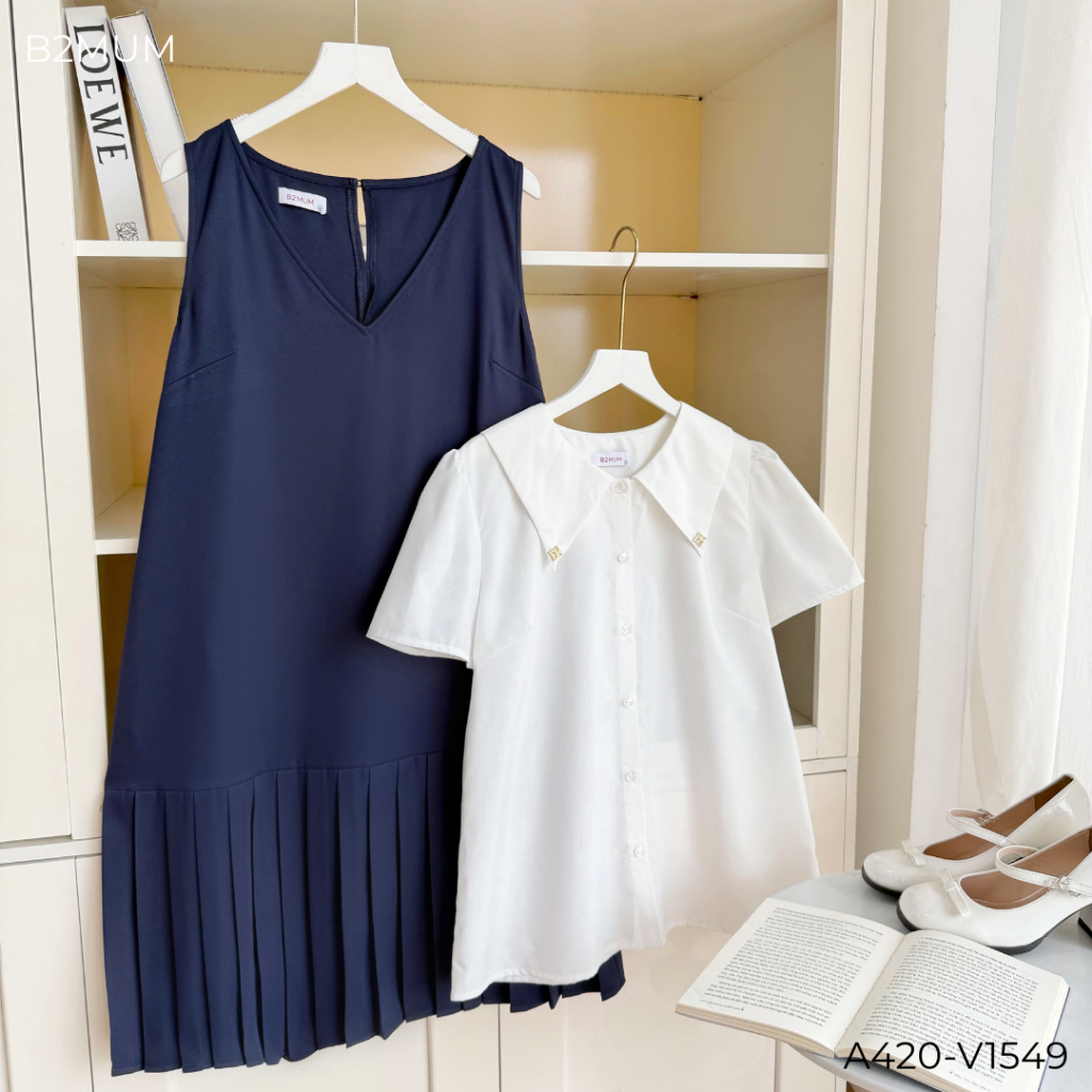 Set Đồ Bầu Công Sở Trẻ Trung - Áo Sơ Mi Cổ Nhọn Ivory Shirt A420 & Yếm Suông Xếp Ly Elinn Dress V1549 - By B2MUM