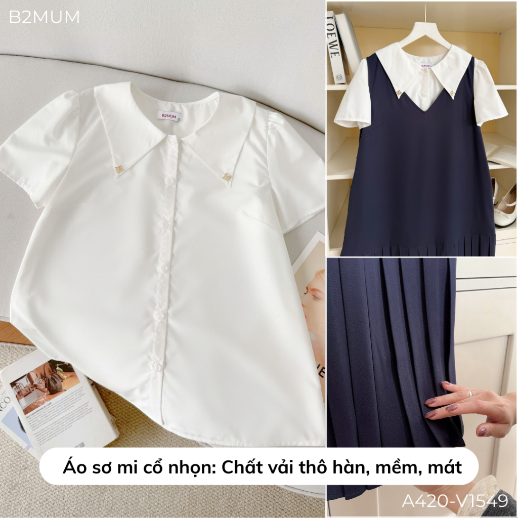 Set Đồ Bầu Công Sở Trẻ Trung - Áo Sơ Mi Cổ Nhọn Ivory Shirt A420 & Yếm Suông Xếp Ly Elinn Dress V1549 - By B2MUM