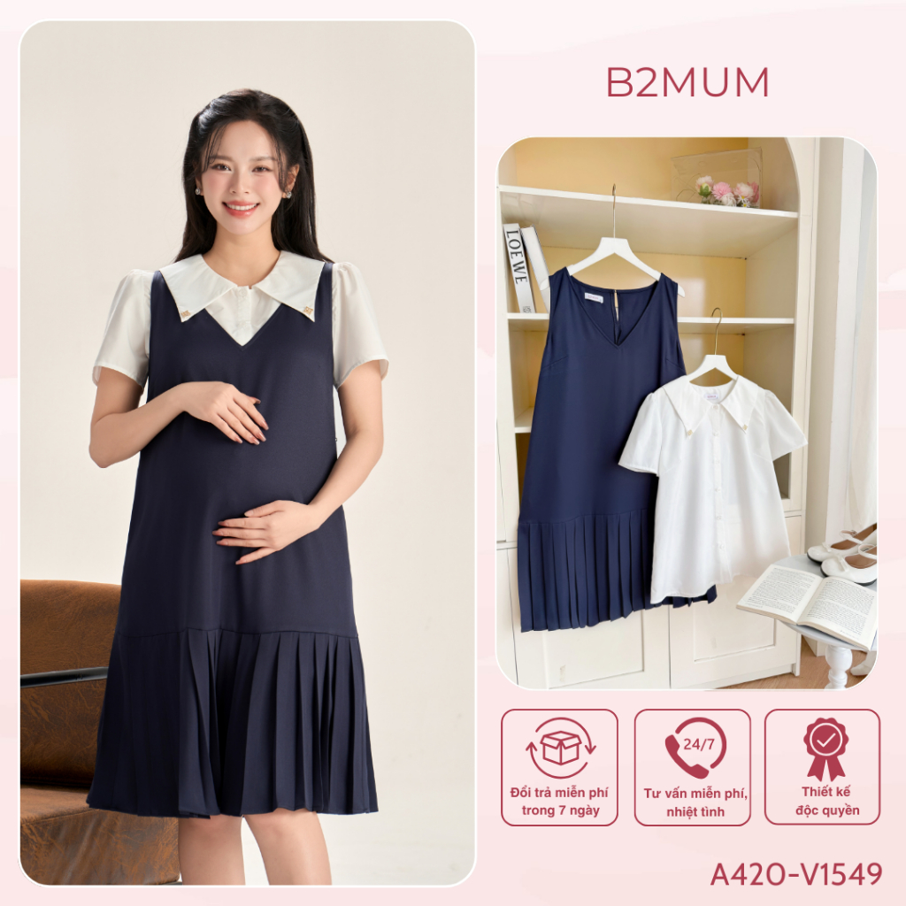 Set Đồ Bầu Công Sở Trẻ Trung - Áo Sơ Mi Cổ Nhọn Ivory Shirt A420 & Yếm Suông Xếp Ly Elinn Dress V1549 - By B2MUM