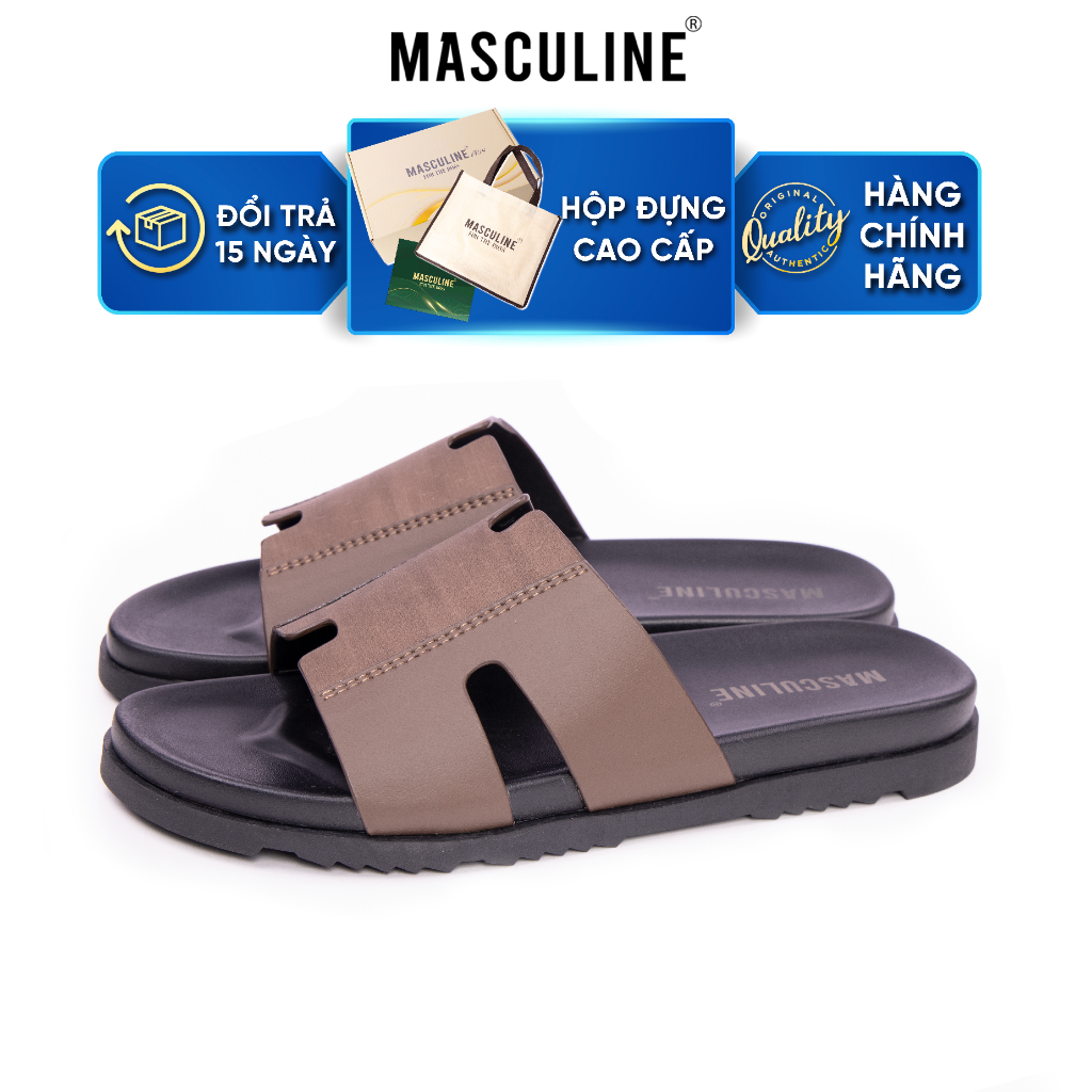 Dép nam MASCULINE MDN600 Quai ngang bản to trẻ trung da microfiber mềm êm chân đế PU chống trượt