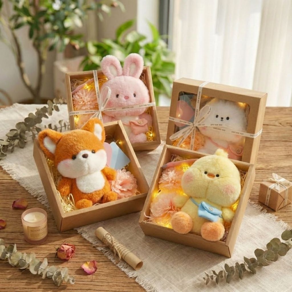 Hộp Quà Tặng Gấu Bông Sang Trọng Gồm Hộp Kraft Mặt Kính Kèm Nhiều Phụ Kiện Làm Quà Tặng Sinh Nhật,Ngày Lễ 8/3,Valentine