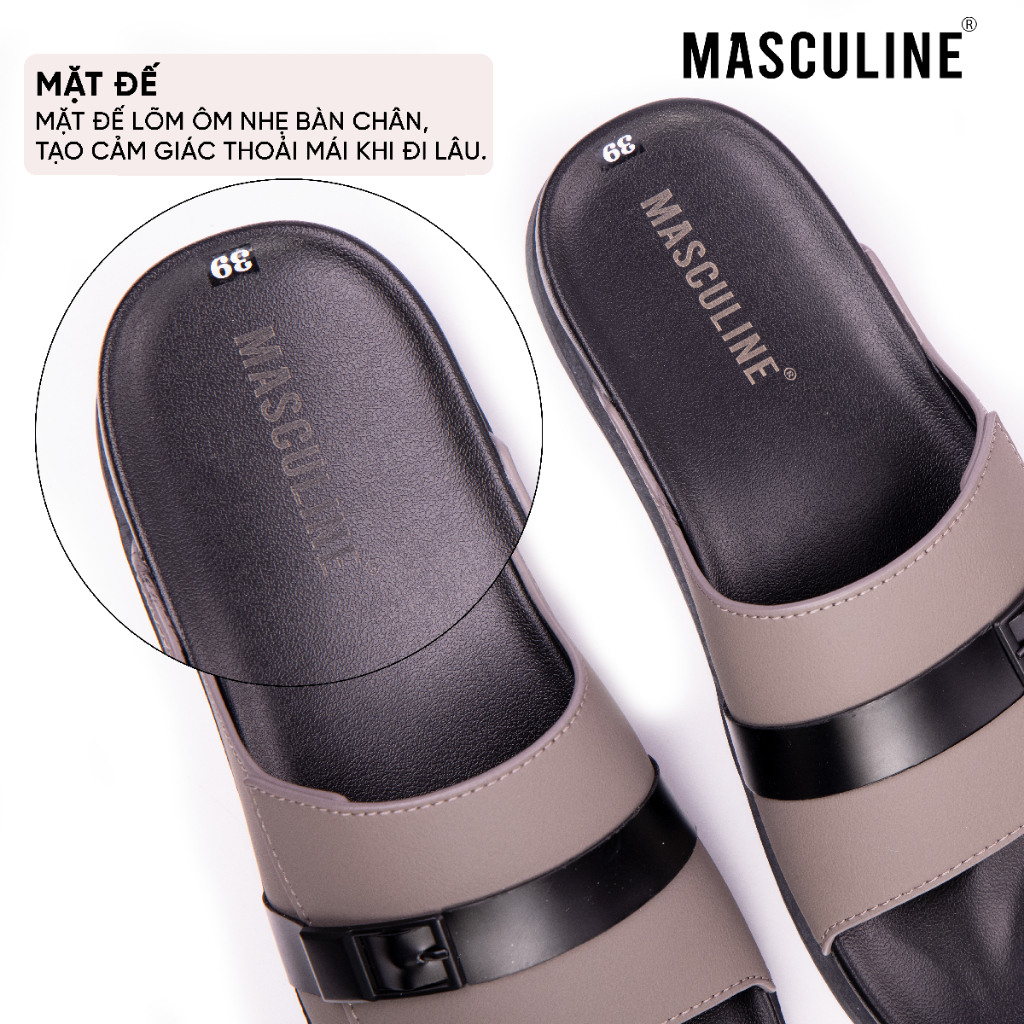 Dép nam MASCULINE MDN601 Quai ngang bản to, da microfiber mềm êm chân đế PU chống trượt