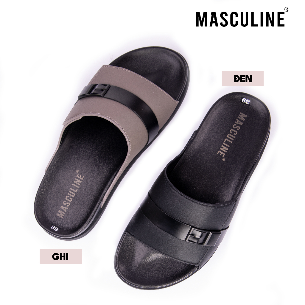 Dép nam MASCULINE MDN601 Quai ngang bản to, da microfiber mềm êm chân đế PU chống trượt