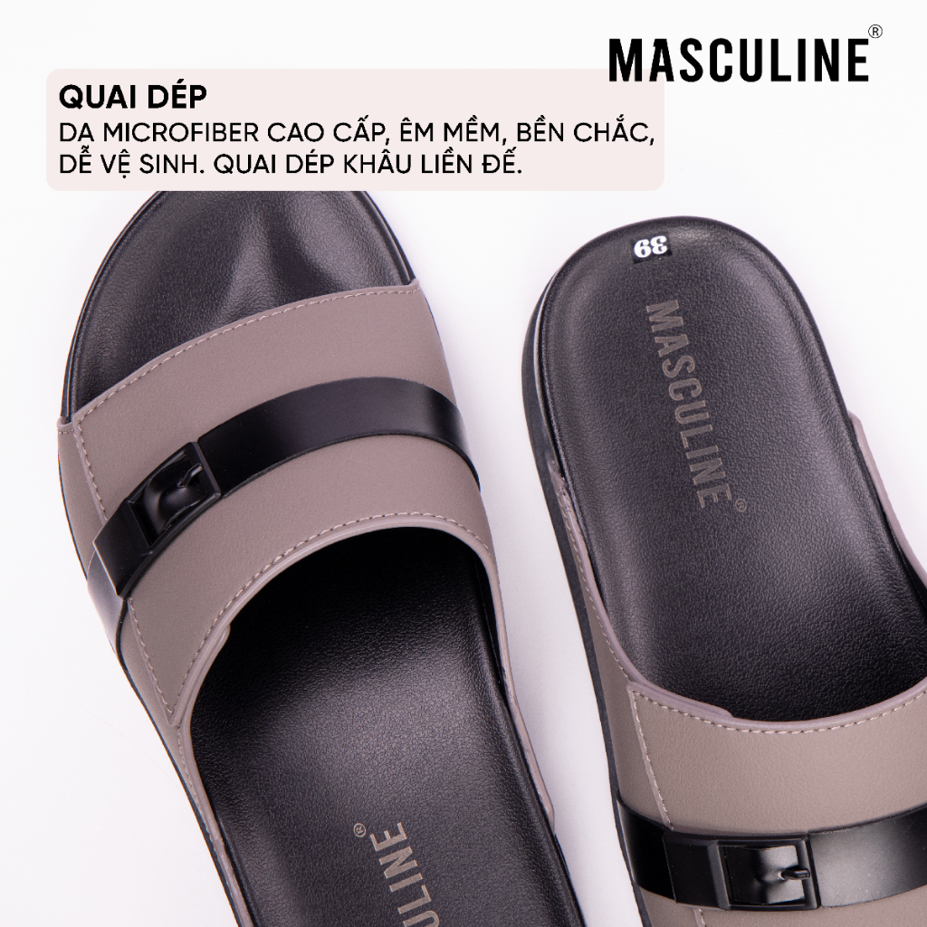 Dép nam MASCULINE MDN601 Quai ngang bản to, da microfiber mềm êm chân đế PU chống trượt