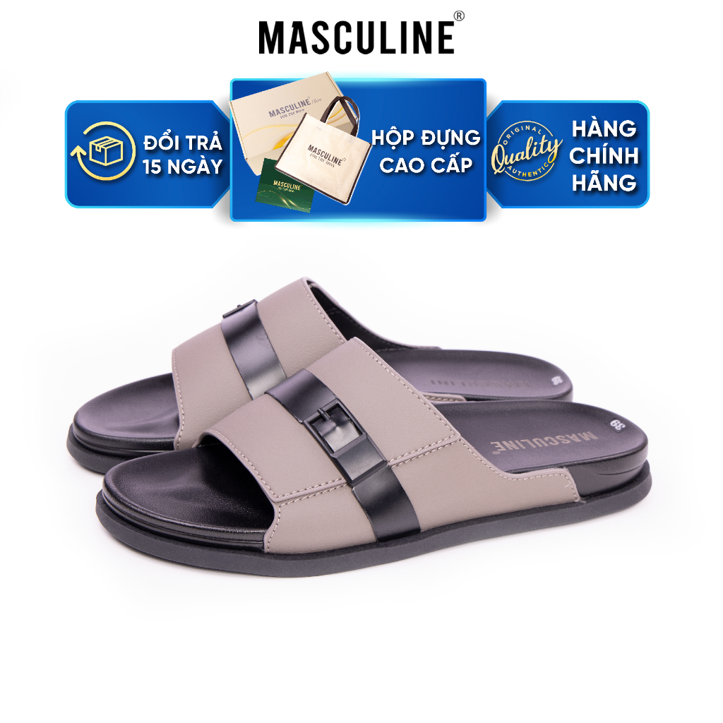 Dép nam MASCULINE MDN601 Quai ngang bản to, da microfiber mềm êm chân đế PU chống trượt