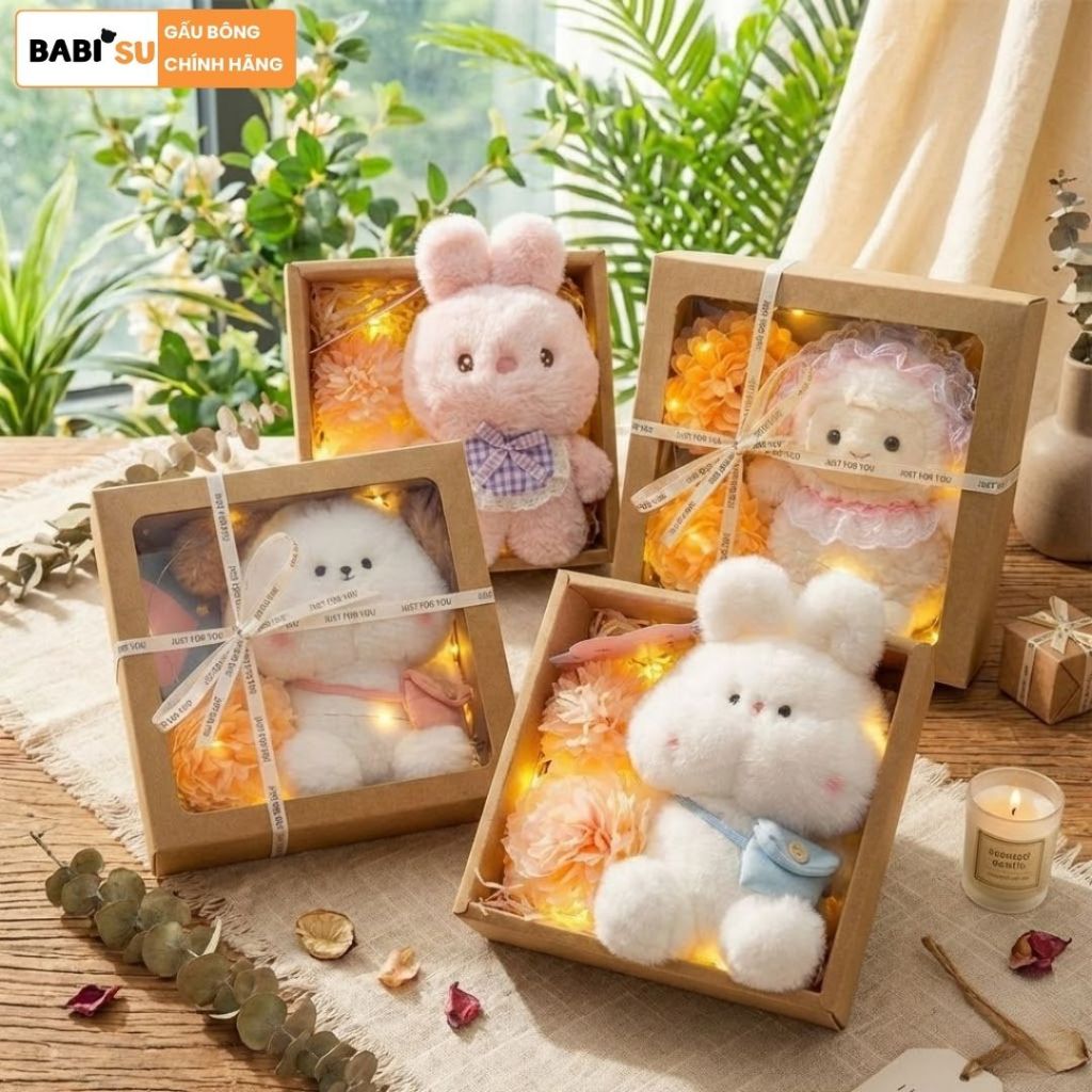 Hộp Quà Tặng Gấu Bông Sang Trọng Gồm Hộp Kraft Mặt Kính Kèm Nhiều Phụ Kiện Làm Quà Tặng Sinh Nhật,Ngày Lễ 8/3,Valentine