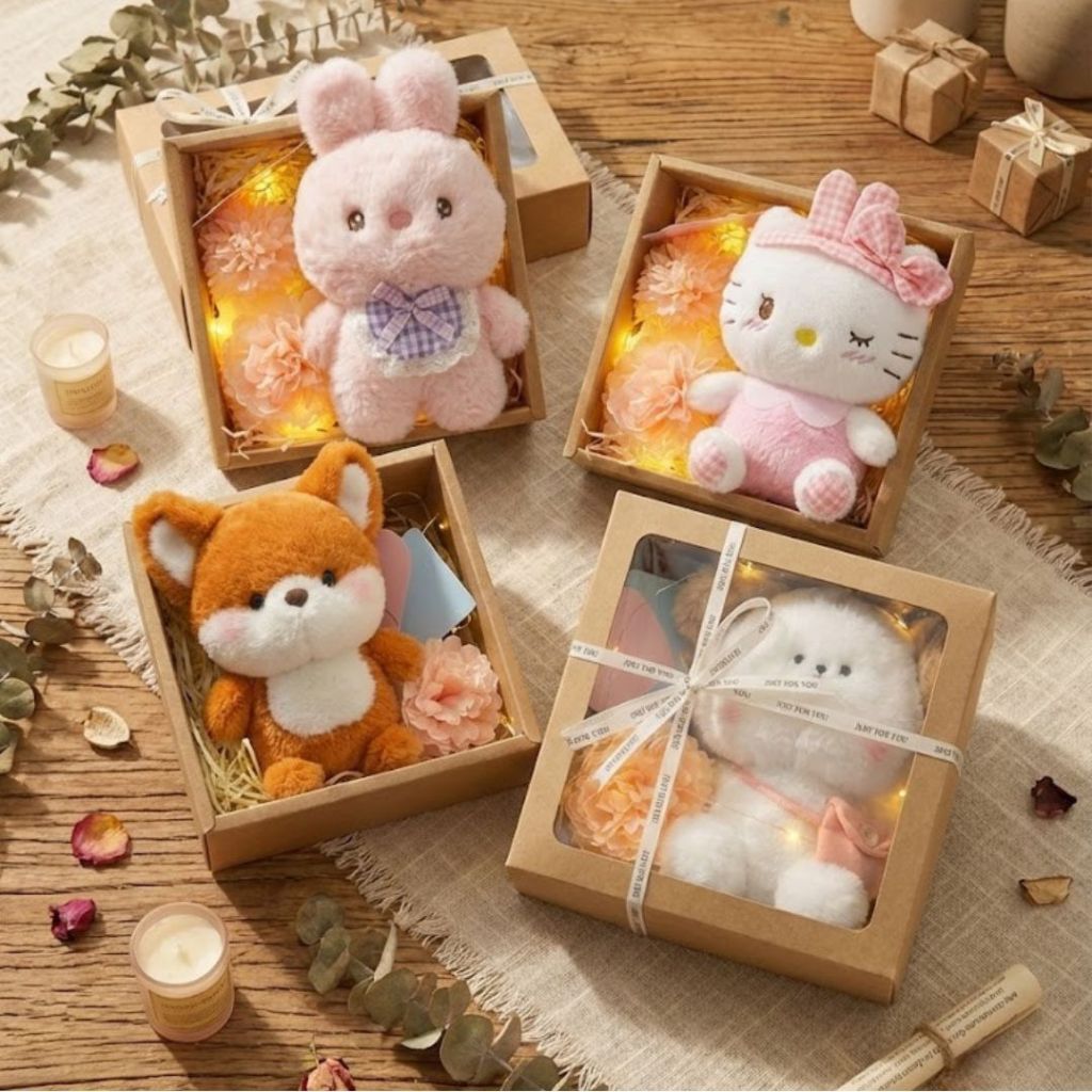 Hộp Quà Tặng Gấu Bông Sang Trọng Gồm Hộp Kraft Mặt Kính Kèm Nhiều Phụ Kiện Làm Quà Tặng Sinh Nhật,Ngày Lễ 8/3,Valentine