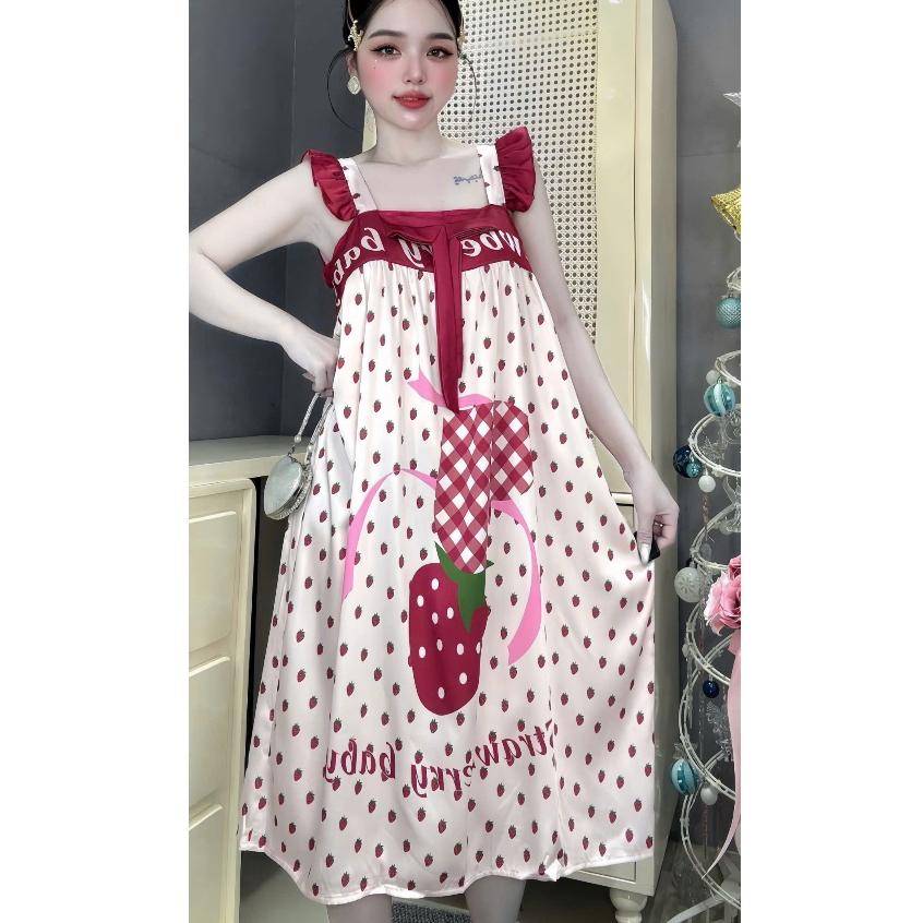 Đầm ngủ lụa cánh tiên,váy ngủ lụa latin lạnh cao cấp mềm mịn mát, đồ ngủ lụa họa tiết dễ thương [87]
