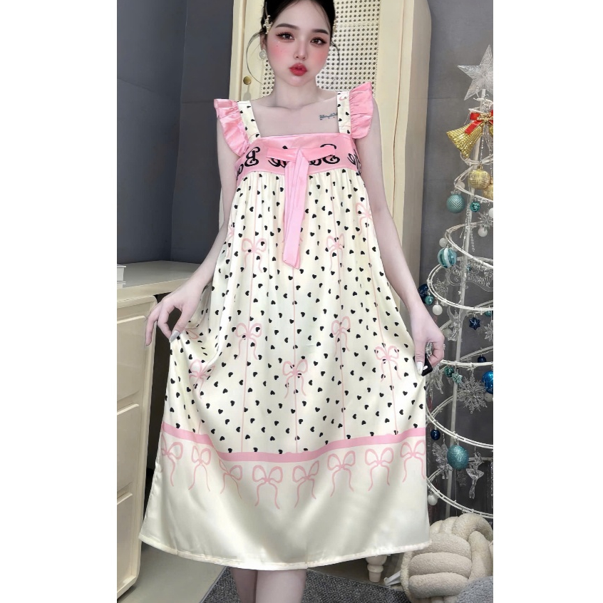 Đầm ngủ lụa cánh tiên,váy ngủ lụa latin lạnh cao cấp mềm mịn mát, đồ ngủ lụa họa tiết dễ thương [87]