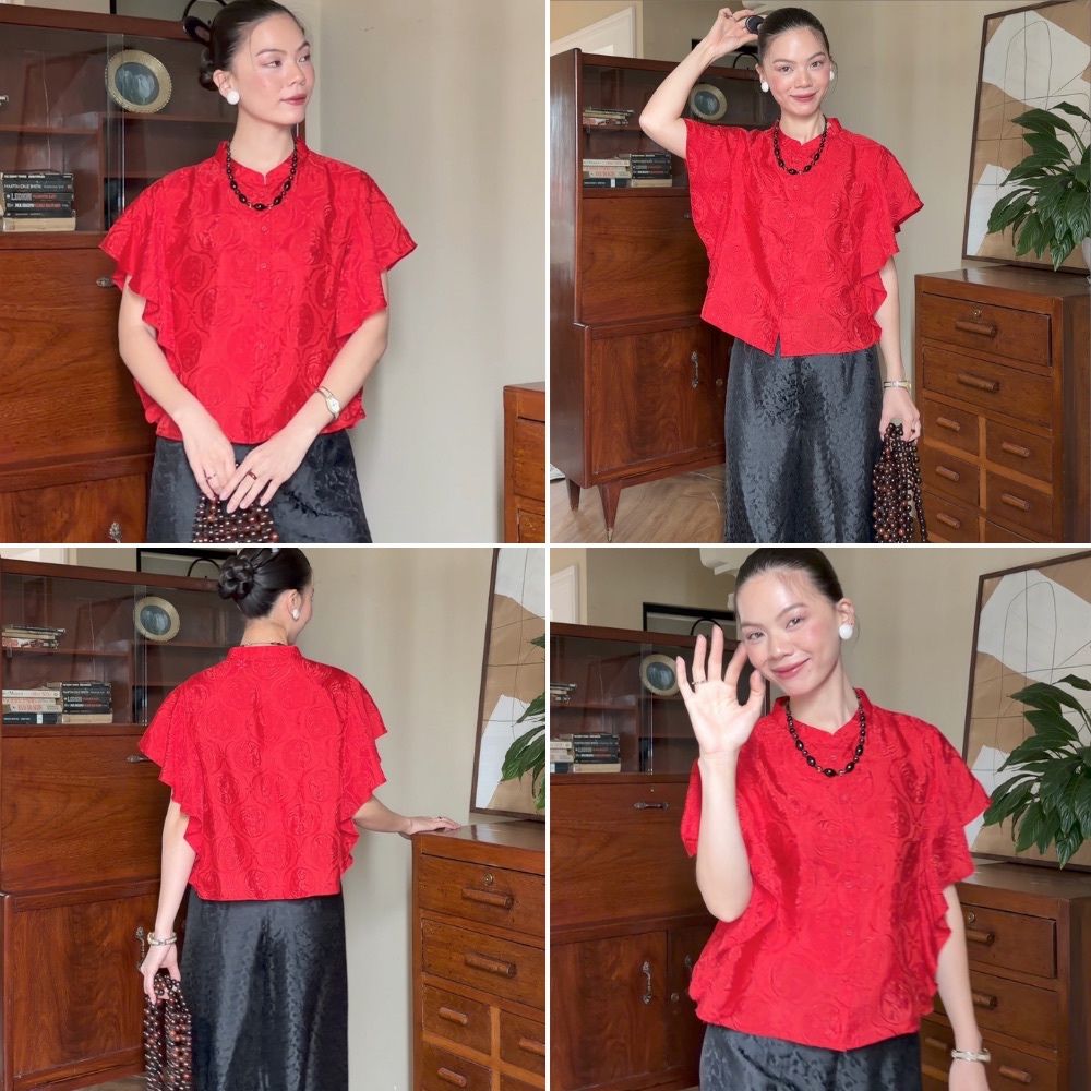 TheBlueTshirt - Áo lụa tơ tằm kiểu tay bèo nhún phom rộng nữ tính - Du Thanh