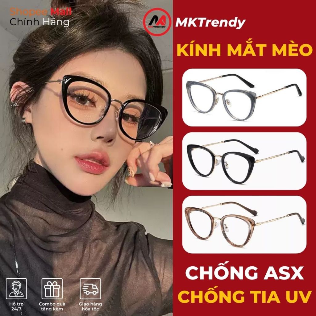 Kính mắt mèo nữ MKTRENDY gọng kim loại chống tia UV chống ánh sáng xanh thời trang K68