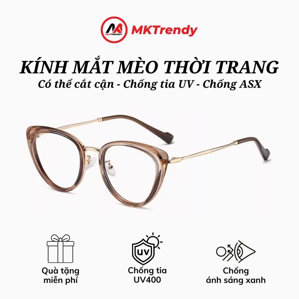 Kính mắt mèo nữ MKTRENDY gọng kim loại chống tia UV chống ánh sáng xanh thời trang K68
