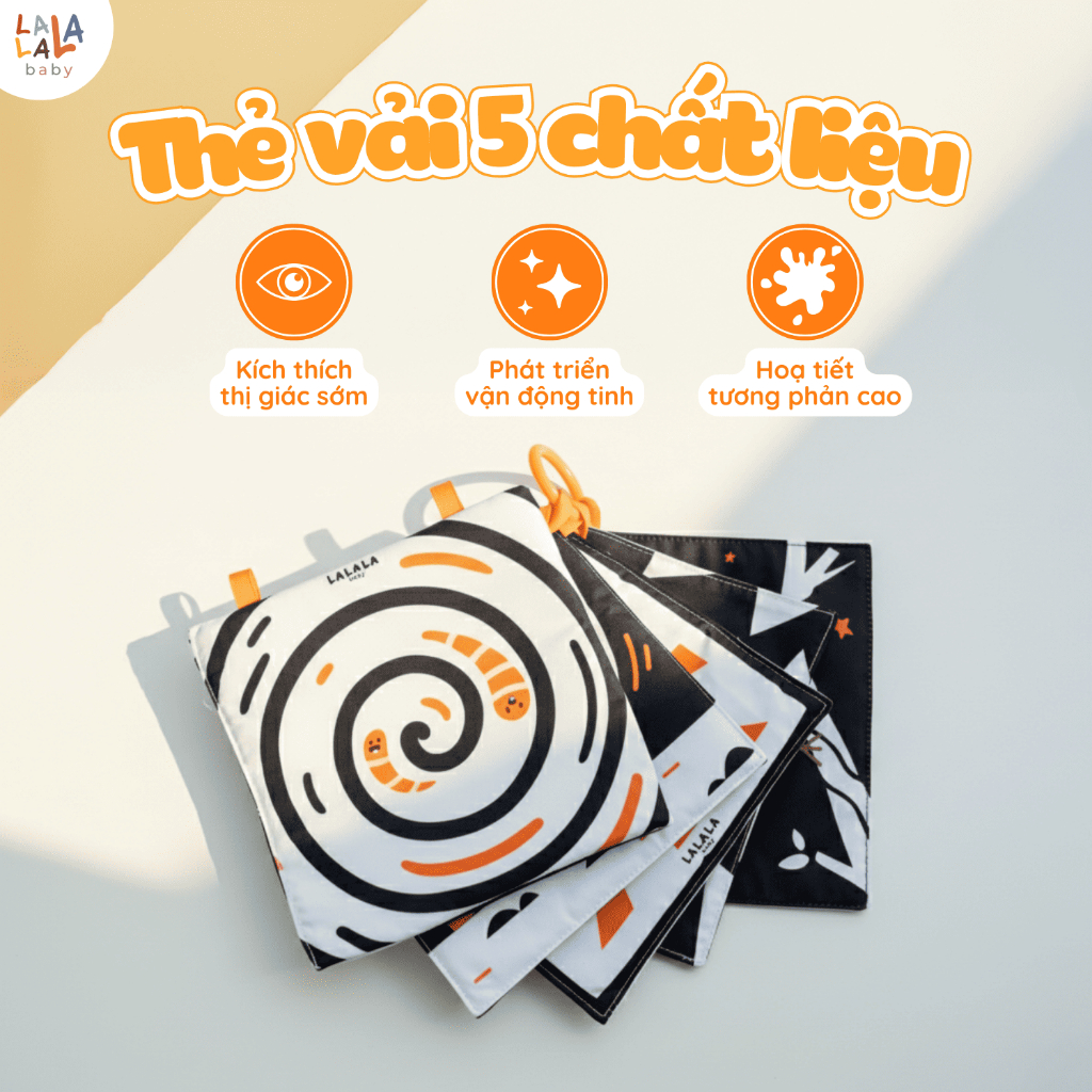 Thẻ vải kích thích thị giác cho bé. Bộ ĐỒ CHƠI 5 CHẤT LIỆU Lalala baby. THE5CL01